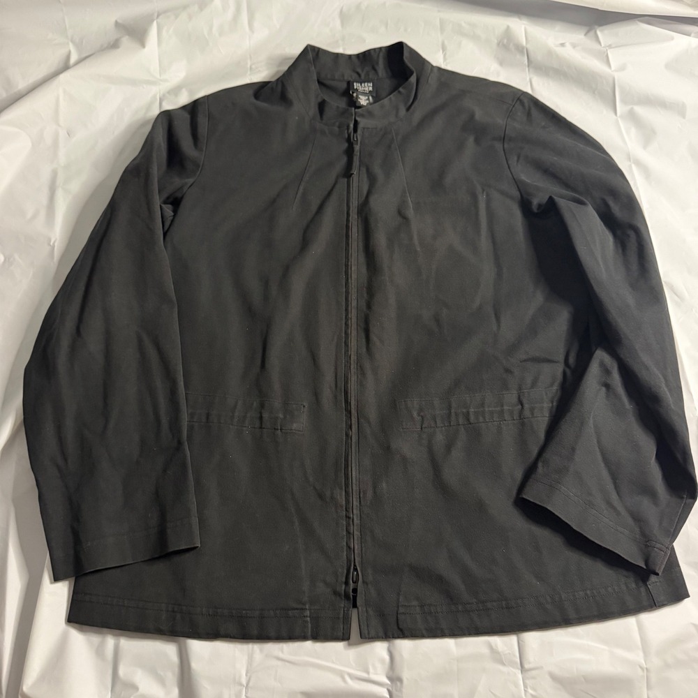 Eileen Fisher Womens PM Zip Front Mock Neck Utility Jacket Black Petite PM-Med